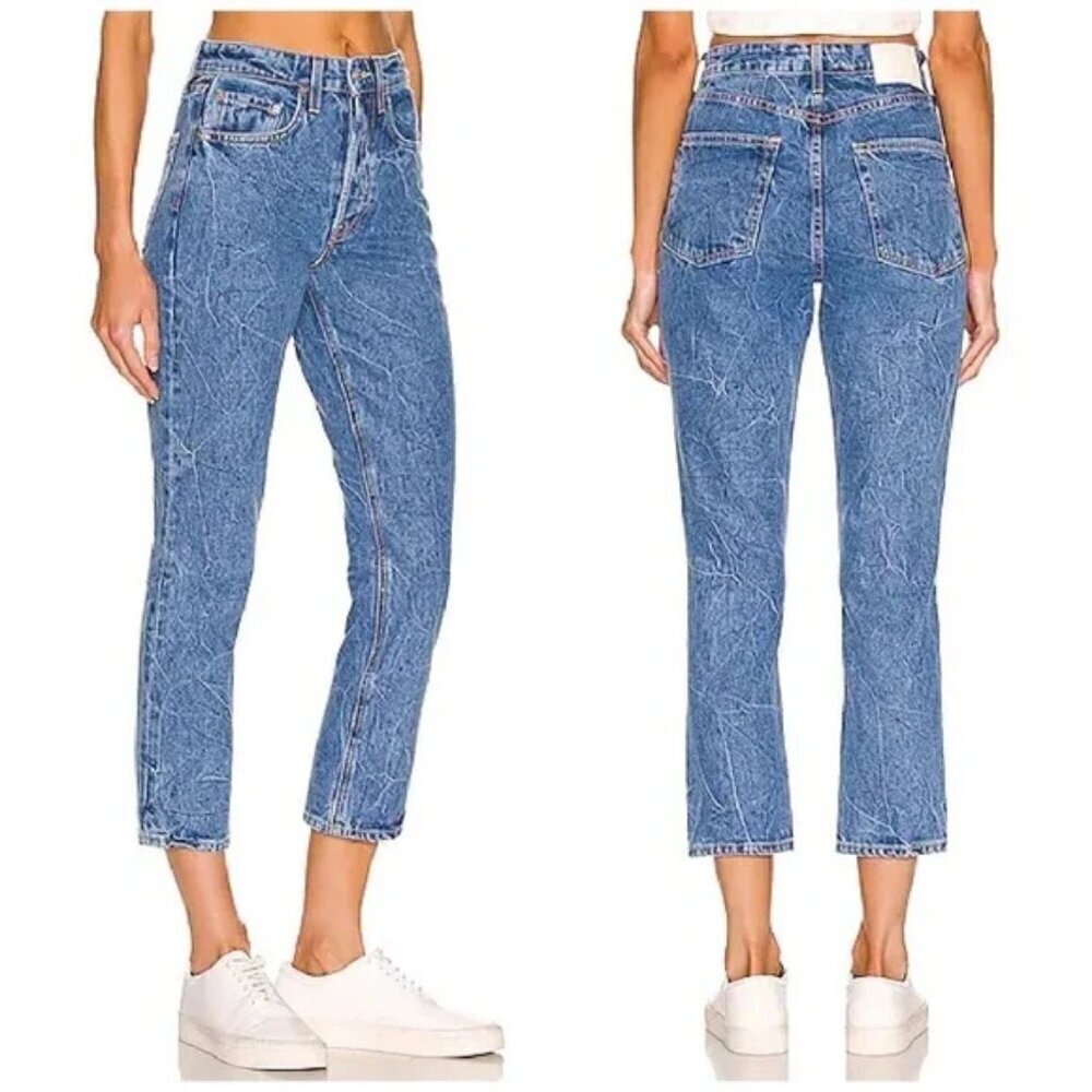 GRLFRND Karolina High Rise Straight Crop Jeans in Bayside Fade Crackle Effect